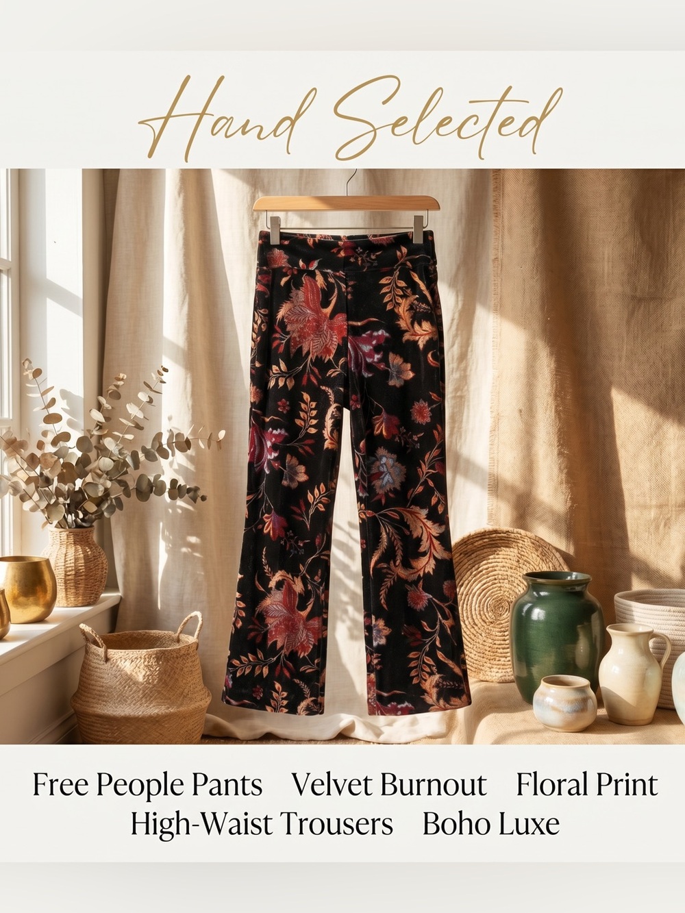 Free People Floral Velvet Burnout High Waisted Women Pants- XS